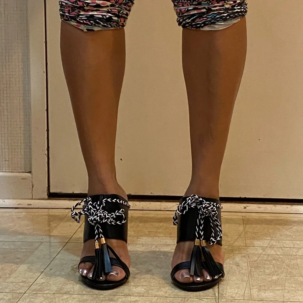 New Direct from Manufacturer! Open toed slide on heels with tassels - Picture 2 of 4